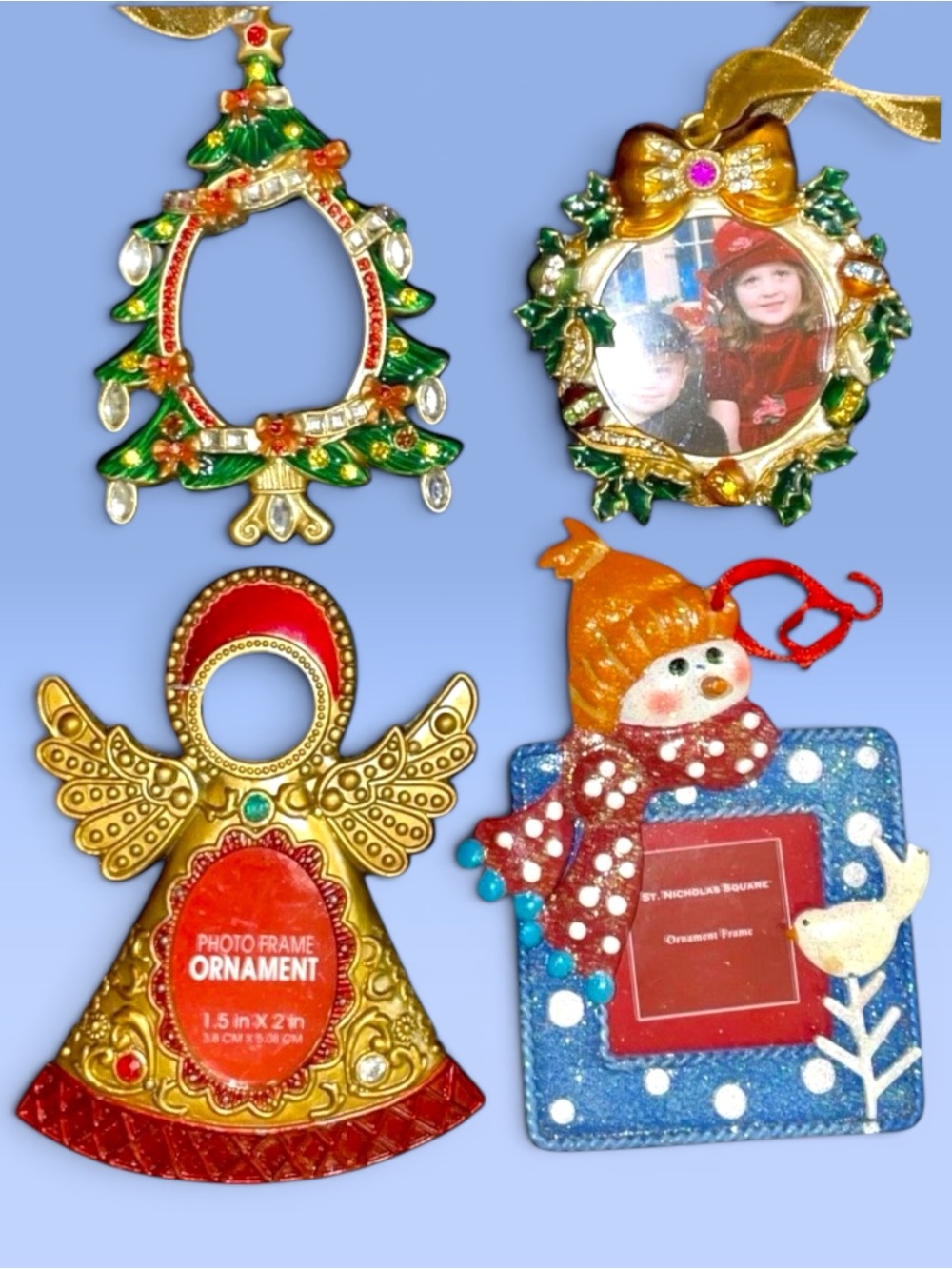 MCM Christmas Picture Frame Lot Of 4 Metal and Enamel Holiday Frame Ornaments